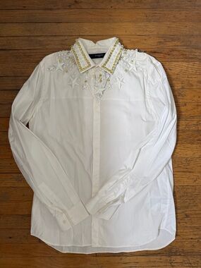 Givenchy White Long-Sleeve Shirt with Gold-Studded Star Collar